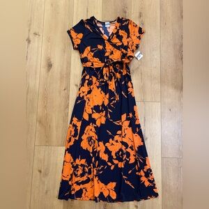 Meri Skye Dress Women’s Size 3X Floral Orange Navy Maxi Wrap Tie Waist NWT